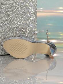 1. Women's New Fashion Buckle Design Round Toe Thin High Heel Sandals, Elegant Sparkling Rhinestone Silver High Heel Shoes, Women's Platform High Heel Shoes - Silver - View 7