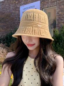 1pc Women Solid Color Knitted Hollow Out Bucket Hat, Simple Fashion Versatile Summer Breathable Sun-Shading Cap, Face Slimming Bucket Hat