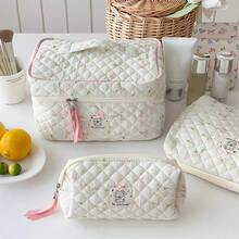 1 pieza / 2 piezas / 3 piezas Bolsa de cosméticos para mujer con estampado floral de dibujos animados, juego de bolsas de cosméticos, bolsa de almacenamiento de cosméticos de viaje multifuncional portátil, bolsa de almacenamiento de belleza con compartimentos, bolsa de aseo de viaje, para sombra de ojos, base, crema para los ojos, máscara, polvo suelto y artículos de tocador, adecuado para uso de maquillaje en fiestas, vacaciones y bodas