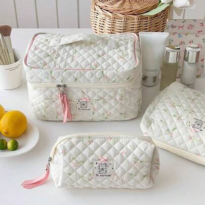 1pc/2pcs/3pcs Cartoon Floral Printing Women's Cosmetic Bag, Cosmetic Bag Set, Portable Multi-Functional Travel Cosmetic Storage Bag, Compartment Beauty Storage Bag, Travel Toilet Bag, For Eyeshadow Disc, Foundation, Eye Cream, Mask, Loose Powder And Toiletries, Suitable For Party Vacation, Wedding Makeup Use