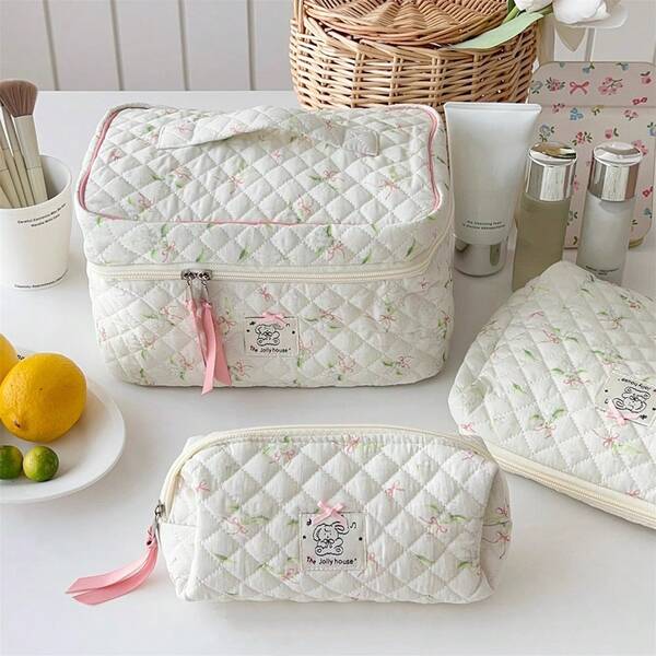 1件/2件/3件卡通花卉印花女士化妆包，化妆包套装，便携式多功能旅行化妆品收纳包，隔层美容收纳包，旅行盥洗包，适用于眼影盘、粉底、眼霜、面膜、散粉和洗漱用品，适合派对度假、婚礼化妆使用