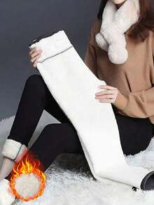 Women's Warm Fleece Lined Leggings, High Waist Design, Comfortable Stretch, Thermal Long Pants, Winter - Black - View 4