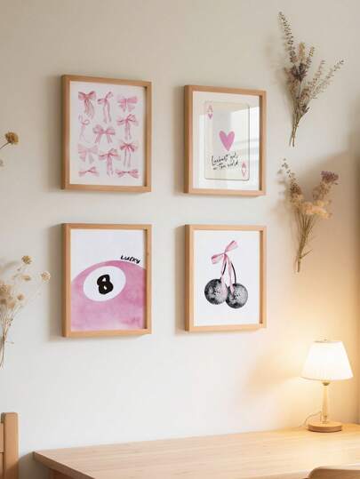 4幅粉色蝴蝶结油画海报，8幅蝴蝶艺术版画，幸运墙饰，樱花装饰画，优雅墙面艺术，女孩房装饰，卧室墙面装饰，无框