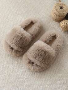 Zapatillas de casa de diseño minimalista y unicolor para niñas, de peluche, cálidas y suaves para el invierno - Caqui - Ver 10