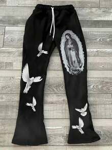 男士街头涂鸦嘻哈直筒阔腿宽松休闲裤春秋季新款抽绳印花喇叭裤