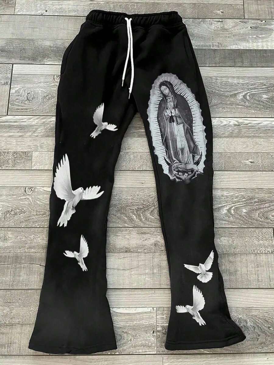 男士街头涂鸦嘻哈直筒阔腿宽松休闲裤春秋季新款抽绳印花喇叭裤