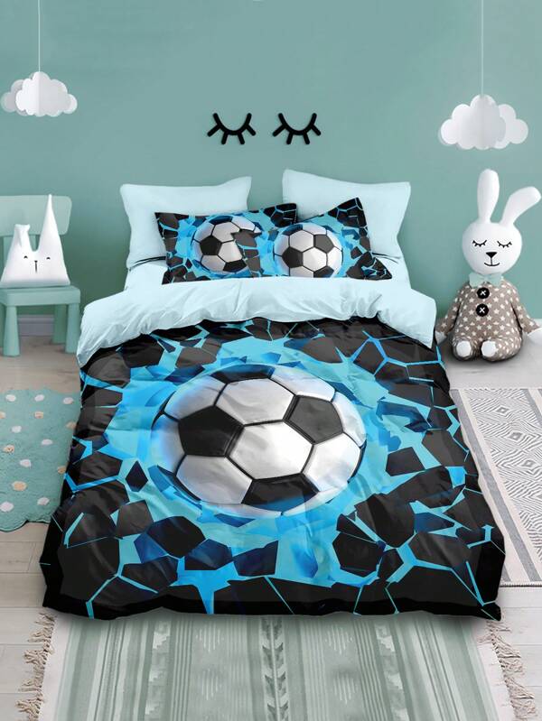 Conjunto de 4 peças de roupa de cama com tema de futebol, inclui 1 capa de edredom, 2 fronhas e 1 lençol liso, design com zíper macio e suave, adequado para quarto de hóspedes, quarto, cama de solteiro/casal (exceto edredom e travesseiros)