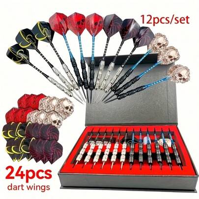 Muttertags-Geschenk 12 Darts Deluxe Geschenkbox mit 24 Dart Flügeln, Eisenspitze mit Aluminiumlegierung Schaft, Totenkopf Dart Flügel, geeignet für Unterhaltung in Innenräumen, Sportveranstaltungen und legere Outdoor-Spiele