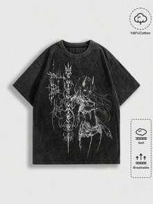 ROMWE MEN Men's Gothic Anime Washed Crew Neck Short Sleeve T-Shirt, Summer Fashion, 2000s Style - 黑色 - 查看 1