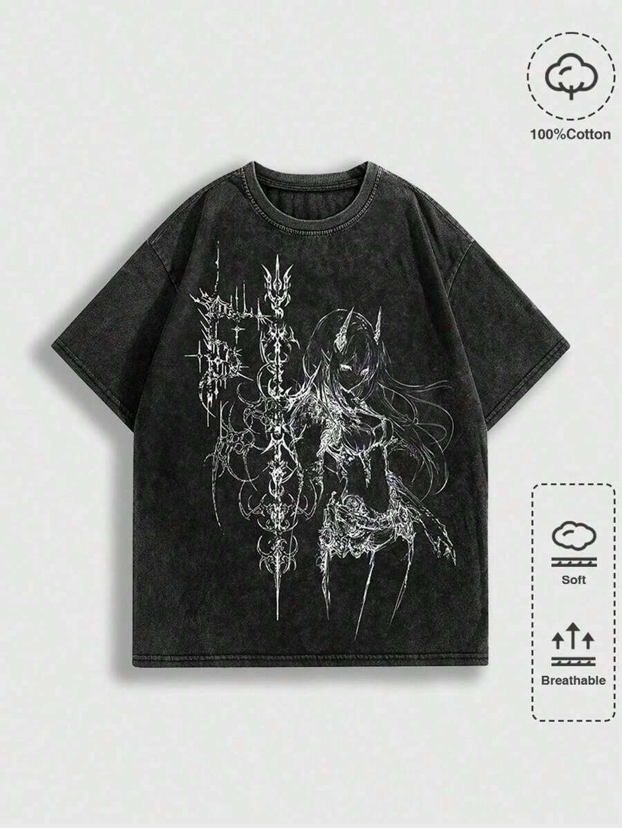 ROMWE MEN Men's Gothic Anime Washed Crew Neck Short Sleeve T-Shirt, Summer Fashion, 2000s Style - 黑色 - 查看 1