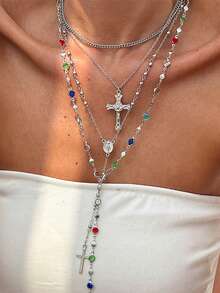 Bộ 4 dây chuyền tua rua mặt thánh giá đính đá phong cách Hip Hop thanh lịch cổ điển, độc đáo, cá nhân hóa, quà tặng trang sức đa năng cho phụ nữ, tiệc tùng, trang trọng hàng ngày, ngày lễ mùa hè - màu sắc - Xem 14