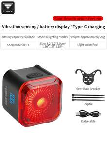 TOSUOD Smart Bicycle Taillight,TOSUOD Bike Light, USB-C Quick Charge/Auto On/Off Brake Sensor/6 Modes (Including Pulse, Strobe, SOS)/IP/Aluminum+ABS Construction/Lithium-Polymer Battery/Compatible With Road, Mountain, Electric Bicycles/Night Riding Safety/Cycling Visibility/Durable Construction/Weatherresistant Gear/Multimode Lighting/Urban Cyclists/Bicycle Safety Gear/Compact Design/Highquality Materials/Usbc Rechargeable Light/Mountain Bikers