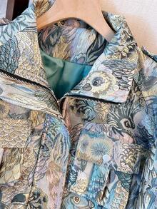 Vintage Embroidered Jacquard Motorcycle Jacket, Streetwear Vibe, Front Zipper Closure Pockets Spring - Blue - View 5