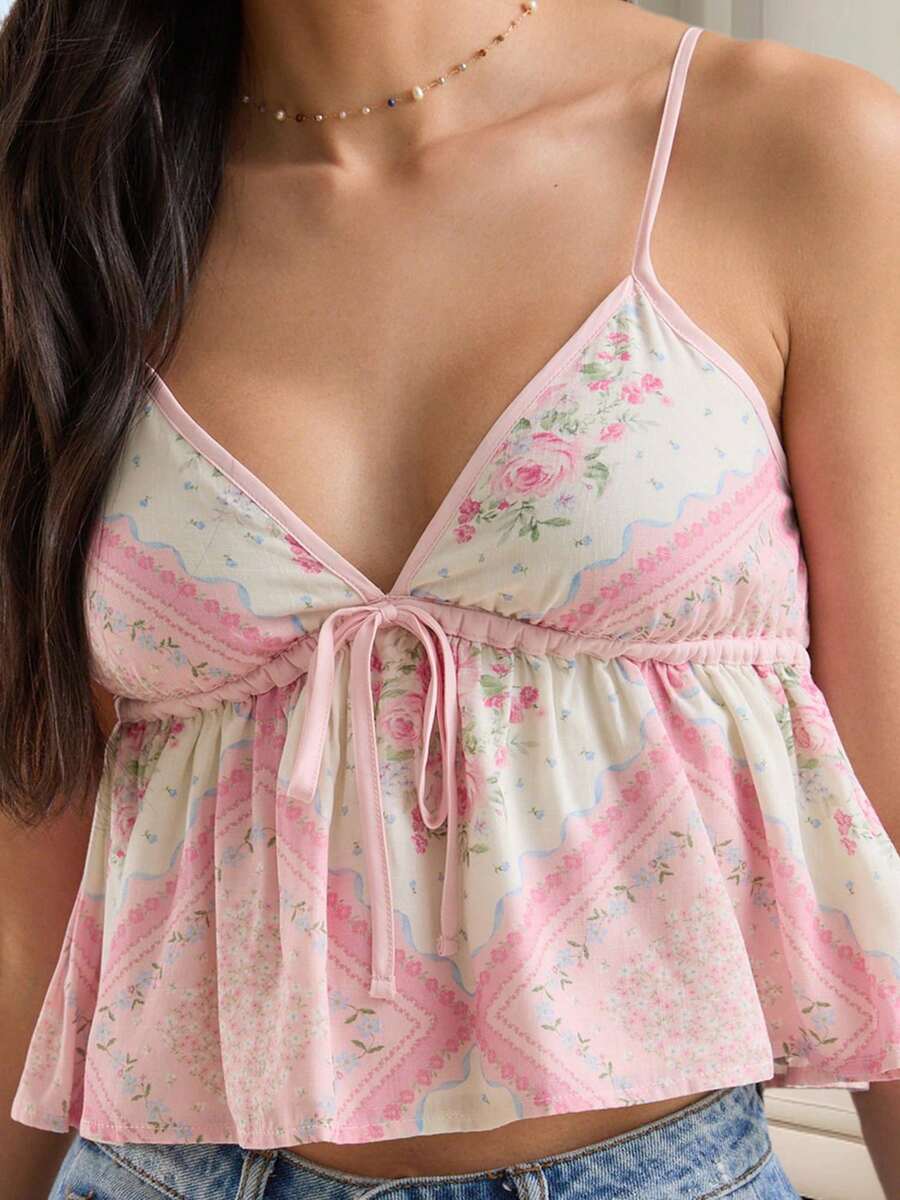 Women's Summer Cami Tops Sleeveless V Neckline Floral Print Ruffle Camisole Tank Tops - Hồng - Xem 1