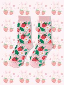 1 双男女款可爱有趣的草莓和花朵图案中筒袜，适合春、夏、秋季日常、运动和派对穿着，是送给家人、朋友和伴侣的好礼物 - 粉色 - 查看 1