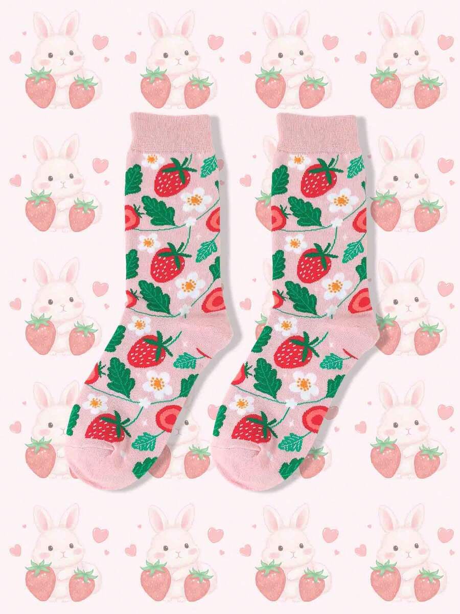 1 双男女款可爱有趣的草莓和花朵图案中筒袜，适合春、夏、秋季日常、运动和派对穿着，是送给家人、朋友和伴侣的好礼物 - 粉色 - 查看 1