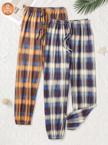 Spodnie piżamowe w kratkę dla kobiet, 2 sztuki – wygodne ubrania do wypoczynku, odzież jesienna