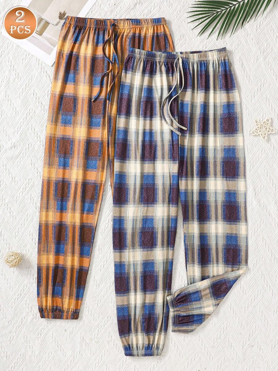 Spodnie piżamowe w kratkę dla kobiet, 2 sztuki – wygodne ubrania do wypoczynku, odzież jesienna