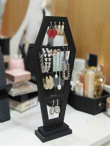 1pc Gothic Style Earring Storage Rack - Durable Plastic Rectangular Desktop Organizer With Multiple Hooks, Black Home Decor For Bathroom Bedroom Living Room, Halloween Holiday Gift, Bedroom Accessory, Decorative Stand, Compact Organizer, Unique Geometric Design, Jewelry Towers - Black - View 5