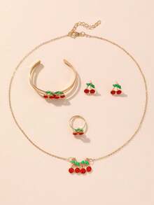 Set De Joyería De Frutas Para Niñas De 5 Piezas Que Incluye Collar, Pendientes, Anillos Y Pulseras Con Diseño De Cereza - Rojo - Ver 2