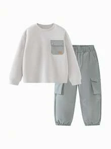 mini bala 男童工装卫衣套装 2025 秋季长袖 + 裤子 - 淺卡其 - 查看 4
