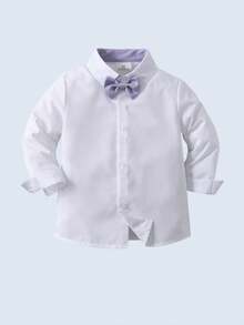 BOARNSEORL 男婴两件套绅士套装 - 白色长袖衬衫配蝴蝶结和卡其色背带裤，时尚休闲套装，适合生日派对、婚礼、周年纪念庆典等场合。 - 紫色 - 查看 6