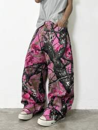 1pc Retro American Style Tree Branch Graffiti Washed Men Denim Jeans, Casual Loose Wide Leg Pants