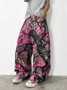 1 Stück vintage amerikanischer Stil Baumast Graffiti gewaschene Herren Jeans, lässige weite Hose