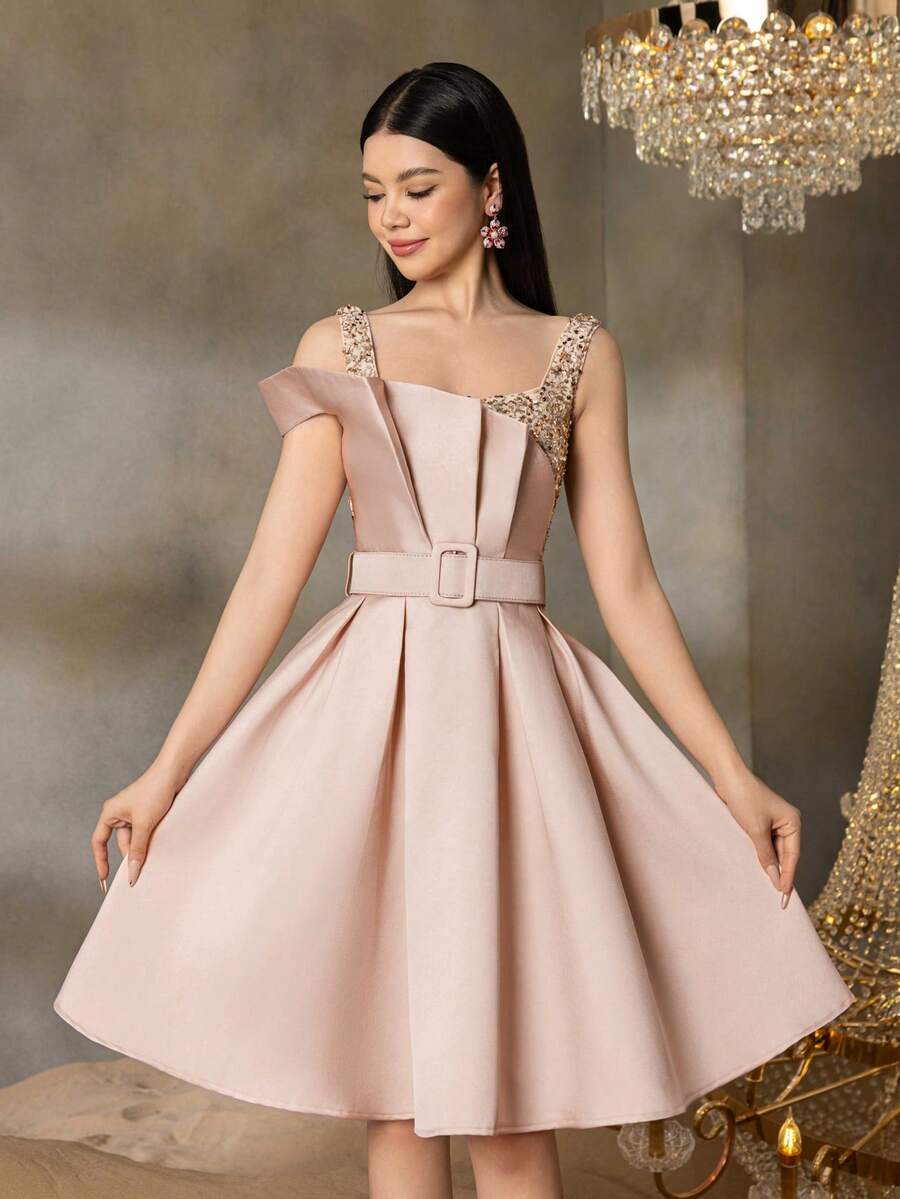 Alisa&Leo Teen Girls' Midi Graduation Dress - Asymmetrical Design With Glittering Sequin Bodice, Satin-Like Skirt & Adjustable Waist Belt For Graduation Proms, Wedding Guest Outfits, High-End Galas & School Formal Events - 淺粉色 - 查看 1
