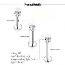 6pcs Stainless Steel Cubic Zirconia Lip Studs Labret Nose Studs, Tragus Helix Ear Piercing Jewelry 6mm 8mm 10mm Bar Length 3 Pairs Set - Silver - View 2