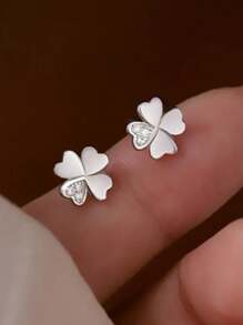 1 Pair 925 Sterling Silver Elegant Four-Leaf Clover Stud Earrings For Women, Inlaid With Synthetic Cubic Zirconia, Luxury Shining Design, Hypoallergenic, Suitable For Carnival And Music Festivals, 1 Pair Earring Gift
