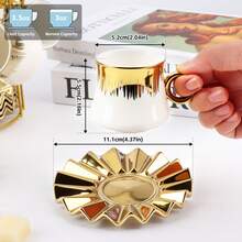 6-Piece Turkish Coffee Cup Set - 3.5oz Ceramic Espresso Cups With Gold-Plated Rims & Saucers - Ottoman-Style Gold Design In Gift Box - White - View 8