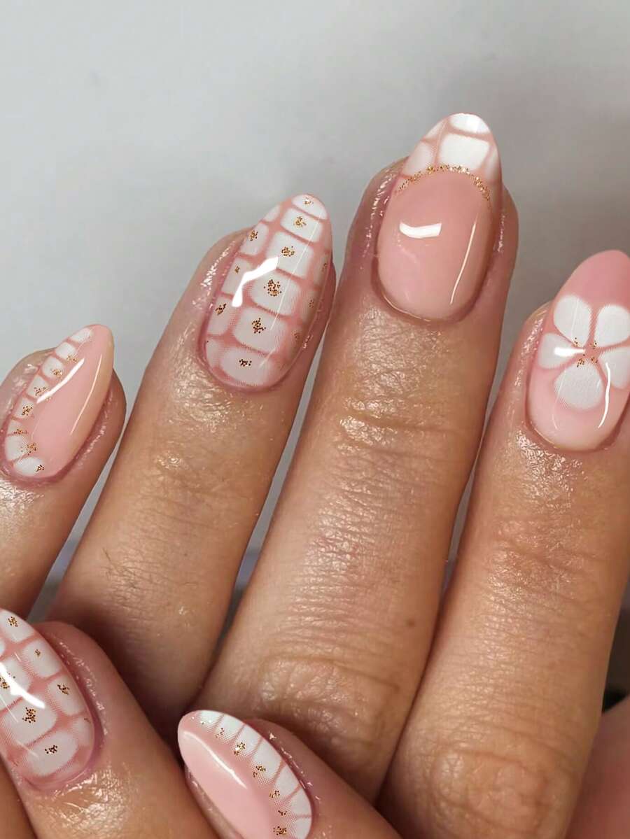 24片椭圆形花朵亮片美甲贴纸，亚克力材质，完美贴合，套装包含：1瓶果冻胶和1把指甲锉，易于佩戴，适合夏季美甲和法式美甲，适合女性和女孩日常、派对和其他场合的美甲用品。