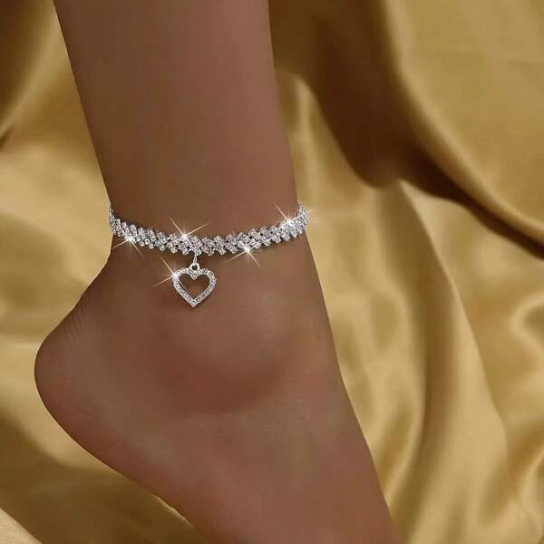 1pc Silver Rhombus Chain & Heart Pendant Anklet