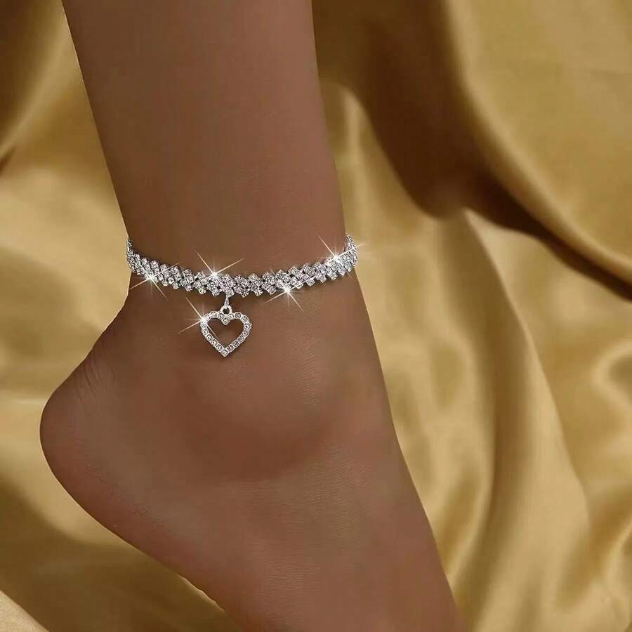 1pc Silver Rhombus Chain & Heart Pendant Anklet