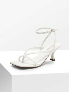Women's Minimalist Low Kitten Heel Ankle Strap Thong Sandals, Sexy Square Toe Sandals With Fashionable Heel - 白色 - 查看 2