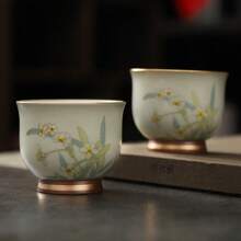 Heritage 镀金玉兰杯 - 汝窑腰形茶具，玛瑙釉，裂纹纹理，豪华礼品盒，适合居家和宾客