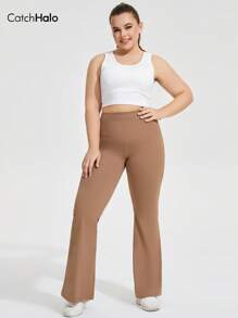 Catch Halo 4-Way Stretch Plus Size Flared Workout Leggings - Tummy Control High Waist & Booty Lifting Yoga Pants For Curvy Women | Breathable Quick-Dry Fabric For Workout, Gym, Yoga, Pilate (Khaki, 0XL~4XL)