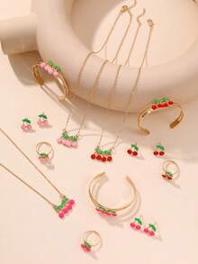 Set De Joyería De Frutas Para Niñas De 5 Piezas Que Incluye Collar, Pendientes, Anillos Y Pulseras Con Diseño De Cereza - Rojo - Ver 3