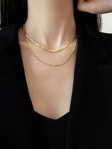 Nooxian 2pcs Stainless Steel Minimalist Casual Gold-Color Chain Necklace For Women - Yellow Gold - View 8