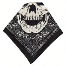 1pc Solid Color Bandana - Skull & Vintage Paisley Print Square Scarf, Black & White, Machine Washable, Unisex Motorcycle Riding Outdoor Fashion Accessory, Motorcycle Gear, Avant-Garde Fashion Piece, Exquisite Pattern Design, Halloween Skull Print Bandana Skull Paisley Pattern Polyester