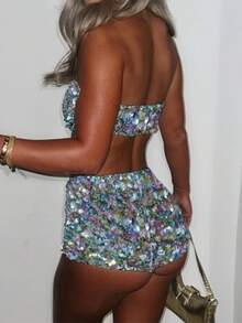 Women Sequin 2 Piece Rave Outfits Sparkly Bandeau Top And Shorts Set Party Clubwear - 彩色 - 查看 2