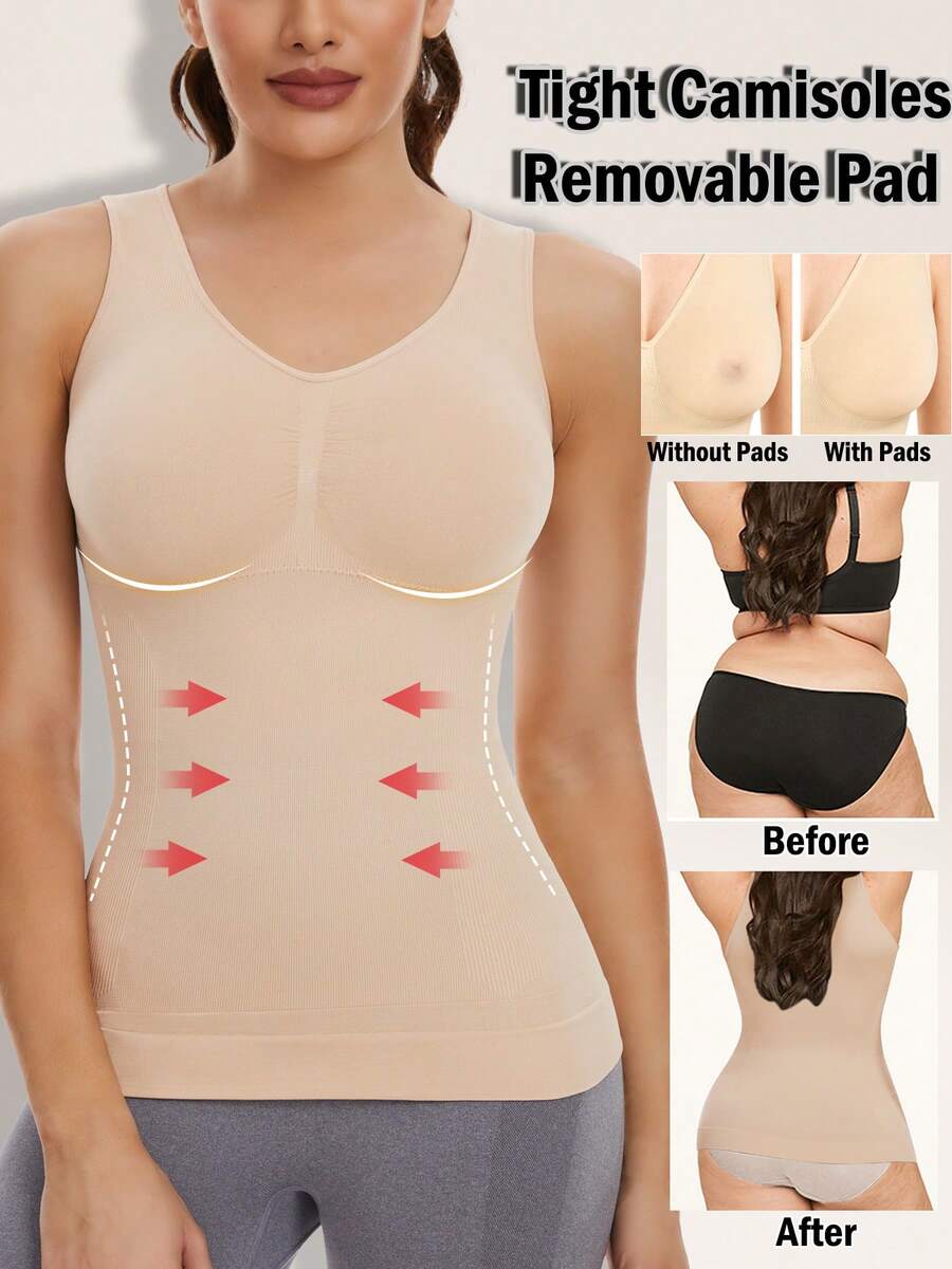 Shapewear Camisoles With Built In Bra Tummy Control Compression Tank Tops For Women Body Shaper Padded Tanks - Beige - View 1