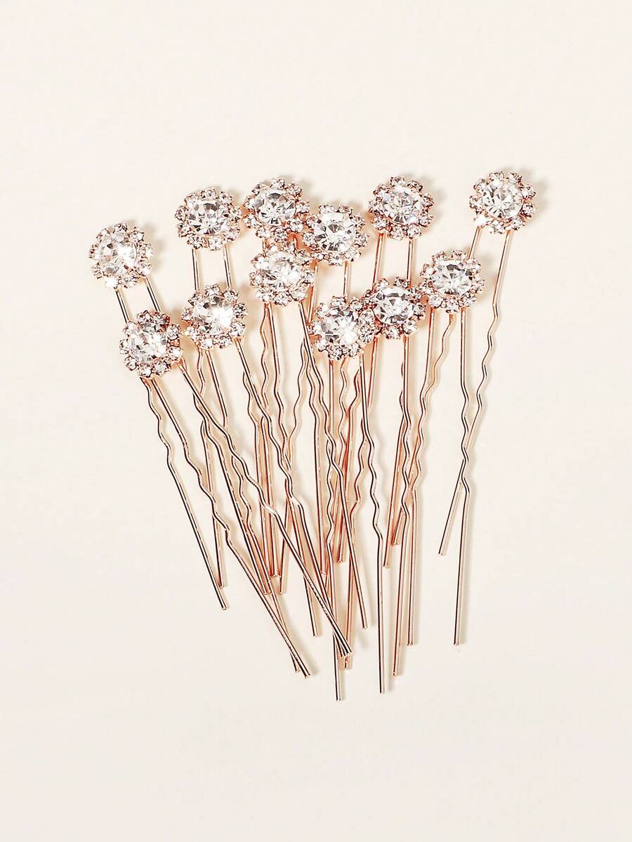 12pcs/Set Women's Wedding Bridal Hairpin Set, Round Crystal Sparkle Hair Clips Valentine's Day Accessories