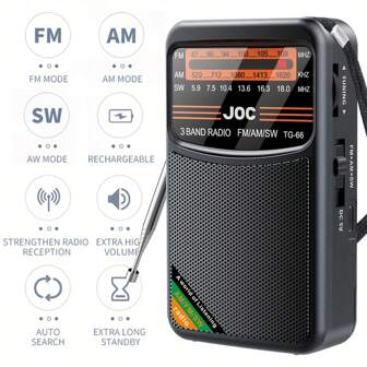 SENBOWE Bärbar nödradio, FM/AM/SW-radio, utmärkt mottagning, batteridriven, mini bärbar högtalarradio, laddningsbar, med HD-skärm, lämplig för inomhus-/utomhuspromenader, jogging, gym med mera, 500 mAh batteri