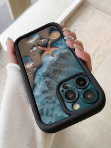 1pc Starfish & Shell Pattern Protective Phone Case With Precise Hole Design, Anti-Fall Thick Black Phone Case Compatible With IPhone 11 Pro Max, 12 Pro Max, 13 Pro Max, 14 Pro Max, 15 Pro Max, 16 Plus, 16 Pro Max, 16E, Galaxy A55, Galaxy A15, Galaxy S24 Ultra, Redmi, OPPO, Realme, VIVO, Infinix, Honor, MOTO, One Plus - Black - View 2