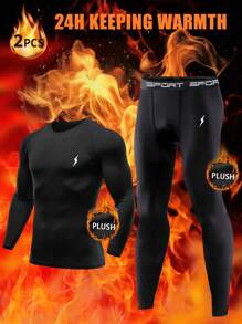 2 Pieces SPORT Men's Thermal Plush Base Layer Set - 24H Heat Retention Black Workout Clothes For Skiing Hiking,Black Workout Clothes For Cycling, Running & Outdoor Training. - Black - View 2
