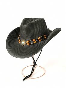 1pc Bull Star Retro Pattern Casual Bohemian Rivets Bow Straw Sun Hat, Versatile For Vacation, Sun Protection, Suitable For All Seasons, Unisex - Gem - View 20