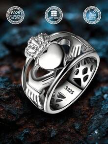 1pc S925 Sterling Silver Ring - Claddagh Celtic Wedding Band, Eternal Love Couple Ring, Loyalty Ring, Perfect For Expressing Love, Valentine's Day, Birthday Gift, Suitable For Daily Wear, Wedding, Party, Comes With Gift Box - Antique Silver - View 1