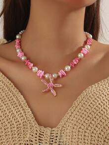 3 Peças Conjunto de Colar e Brincos com Conchas Brancas Estilo Praia, Pedra Natural, Pérola Falsa e Estrela do Mar para Mulheres, Perfeito para Férias na Praia, Festas e Presente do Dia das Mães - Estrela - Visão 7
